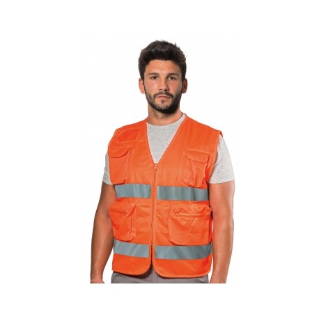 GILET POLIESTERE MULTITASCHE ARANCIO C/BANDE